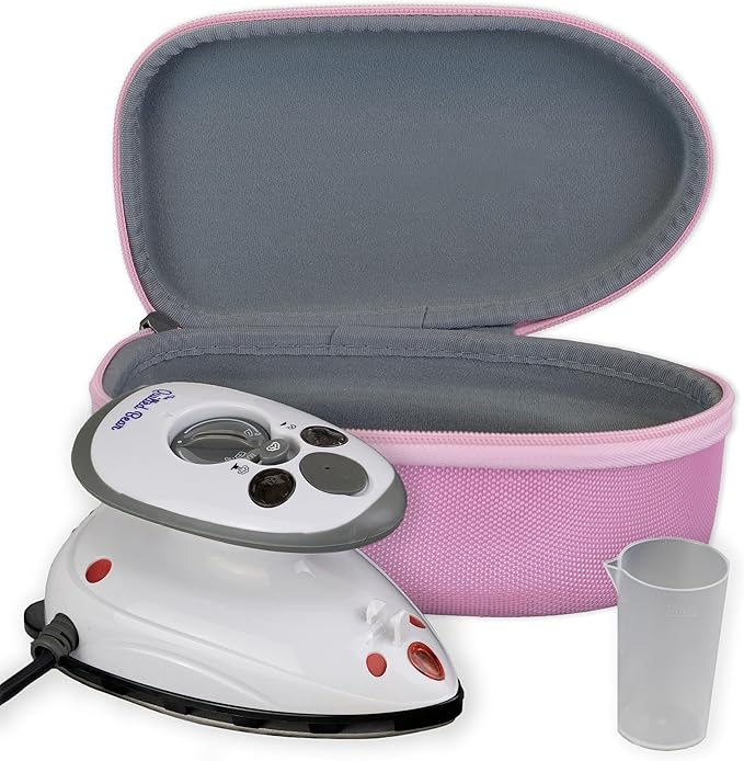 The Quilted Bear Mini Steam Iron - Lightweight Mini Travel Iron for Effortless Quilting & Wrinkle-Free Clothes with Hard Shell Case - Travel Steamer Craft Press for Clothes & Crafts (Pink)