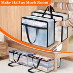 TasticTotes 4 Pack Clear Storage Bags for Comforter, Clothes & Bedding, Plastic Blanket Storage with Zipper and Handle, Moving Bags, Closet Organizer and Under-Bed Storage (40L)