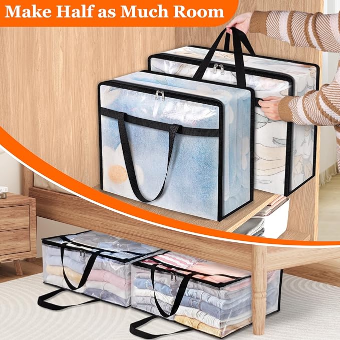 TasticTotes 8 Pack Clear Storage Bags for Comforter, Clothes & Bedding, Plastic Blanket Storage with Zipper and Handle, Moving Bags, Closet Organizer and Under-Bed Storage (40L)