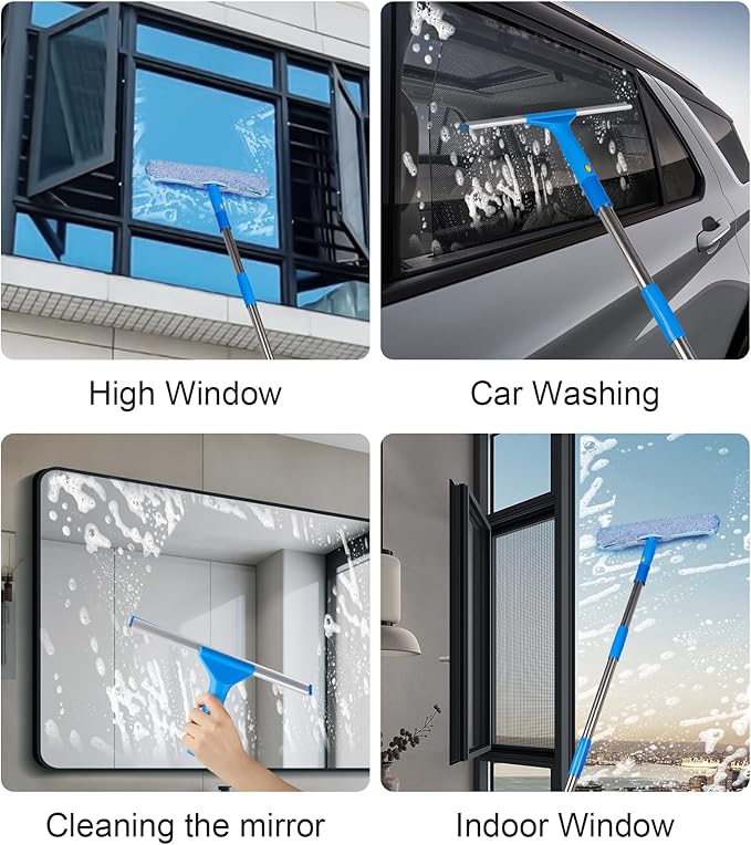 Window Squeegee Cleaner with 4 Stainless Steel Extension Poles,Long Reach to 58inch, Scrubber, Glass Scraper, Bendable Duster, 2 Scrubber Cloth for Window, Car, Professional Cleaning Kit