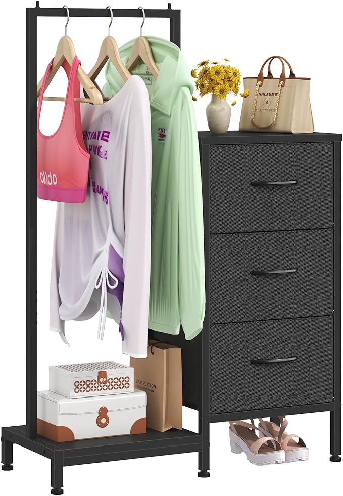 Dresser for Bedroom with Hanging Rack, 3 Drawers Dresser for Bedroom - Black