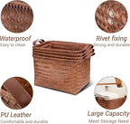 15L Laundry Baskets Waterproof Storage Baskets For Shelves Large Laundry Hamper With Leather Handle -set of 6 Cube Organizers Woven Bins for Bathroom,Bedroom,Pantry,Clothes,Car & Towels-Brown