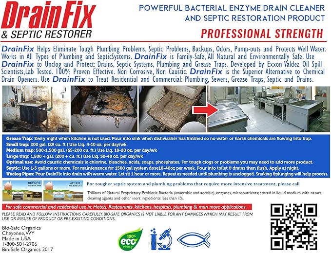 DrainFix & Septic Restorer - 5 Gal Professional Strength Formula - Patented Septic Tank Treatment Grease Trap Cleaner, Commercial Residential Hotel & Restaurant - Exxon Valdez Tech - 2 Pack