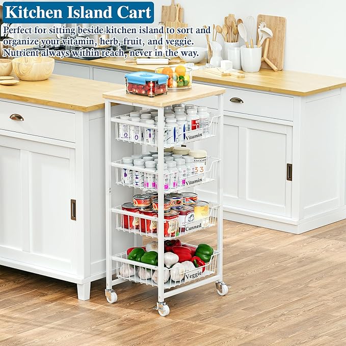 5-Tier Small Kitchen Storage Cart on Wheels with Pull-Out Drawers, Rolling Pantry and Snack Organizer Cart with Wood Top, Kitchen Floor Fruit Basket Stand for Fruit Potato Onion Veggie Snack