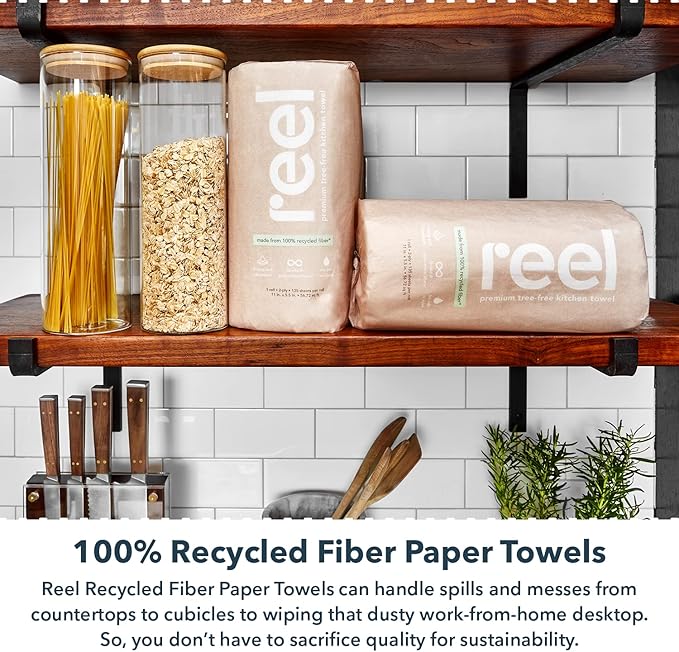Reel Premium Recycled Paper Towels- 12 Rolls, 2-Ply Made From Tree-Free, 100% Recycled Paper - Eco-Friendly, Hypoallergenic and Zero Plastic Packaging