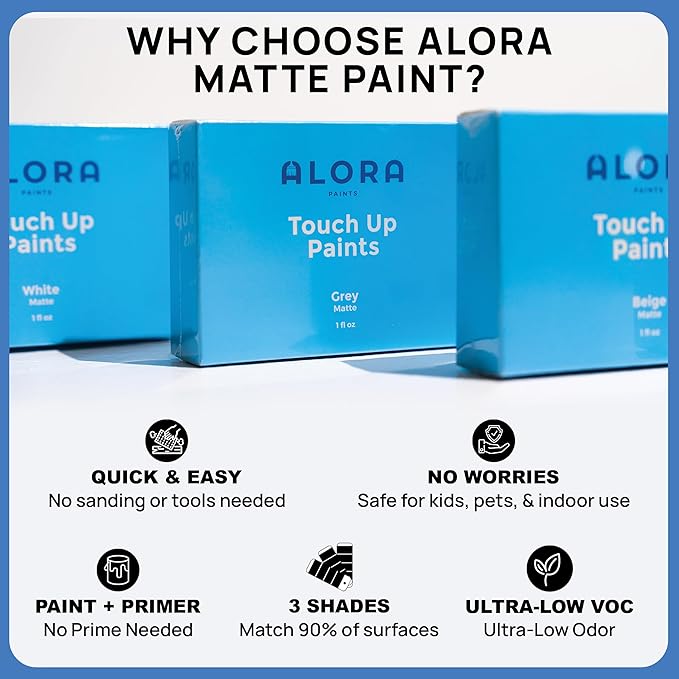 Alora Touch-Up Paint | Matte Finish for Drywalls, Concrete, Brick, Tile, Doors, Cabinets & More | Multi-Tone White Repair Kit | Quick-Dry, Low-Odor, Ultra-Low VOC | No Sanding or Primer Needed | 3 Pack