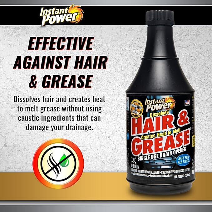 Instant Power Hair and Grease Drain Opener – Multipurpose Liquid Drain Cleaner and Clog Remover, Odorless, Ready to Use, 20 Oz, 6 Pack