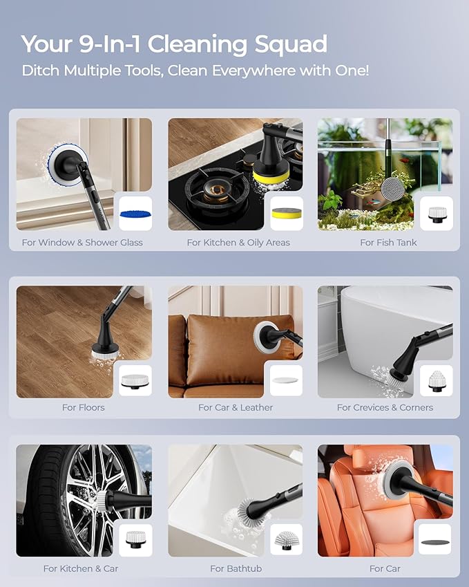 MayKing Electric Spin Scrubber with 9 Brush Heads, 3-Angle & 4-Length Adjustable Cordless Power Scrubber, 3-Speed & Battery LED Display, Electric Scrubber for Cleaning Bathroom Bathtub Floor Tiles