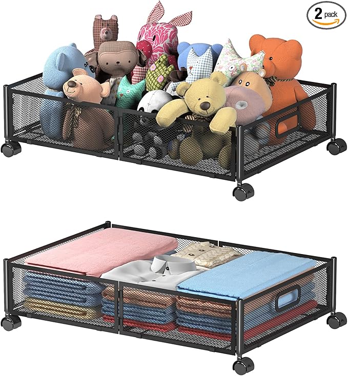 Under Bed Storage Containers, Shoe Storage With Wheels, Foldable Bedroom Storage Organization with Handles, Under Bed Storage Bins Drawer For Clothes, Blankets And Shoes, Bedding (2 Pack, Black)