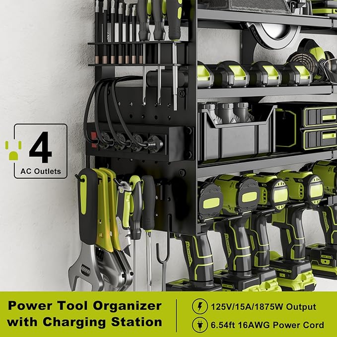 12 Cordless Drill Holder Large Power Tool Organizer Wall Mount with Side Pegboard & Screwdriver Holder, 4-Tier Heavy Duty Metal Tool Storage Rack with 4-Outlet Power Strip