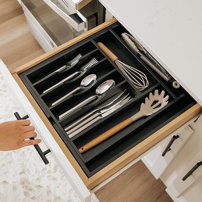 Premium Silverware, Flatware and Utensil Organizer for Kitchen Drawers, Food-Safe Contract Grade, Expandable from 14.5 to 25 In, Black Bamboo