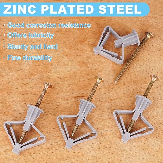 Hollow-Wall Anchors, One Size, 65Lbs Anchors 50pcs+Screw 50pcs Drywall Anchor kit with Screws, Self-Drilling Hollow Wall Anchors, Grey