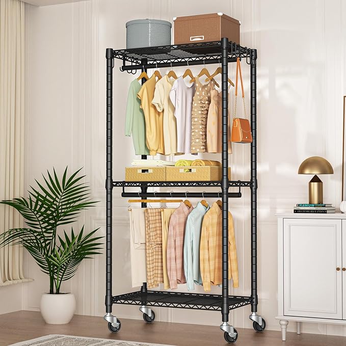 P3 Mini Rolling Clothes Rack, Clothing Racks for Hanging Clothes, Heavy Duty Garment Rack with Wheels, Freestanding Portable Closet Rack 23.6'' W x 14'' D x 78.5'' H, Max Load 430 Lbs, Black