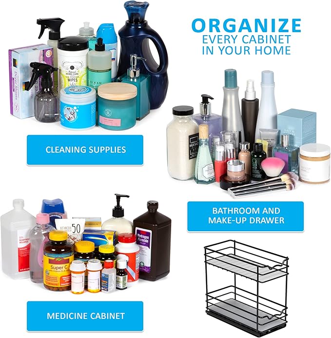 Pull Out Cabinet Organizer for Spices, Cans - Heavy Duty with Lifetime Limited Warranty- Pull Out Spice Rack- Cabinet Pull Out Shelf for Cans,Dishes, Etc, 4-1/2"Wx10-3/8"Dx8-7/8"H, Black