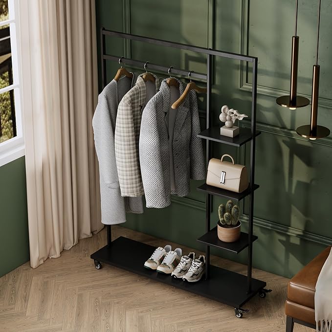 Clothing rack with shelves,Heavy Duty clothes rack with wheels,Rolling Garment Rack for hanging clothes with 4 flank Shelves,Portable Wardrobe Closets Organizer for Bedroom/Boutique/Cloakroom