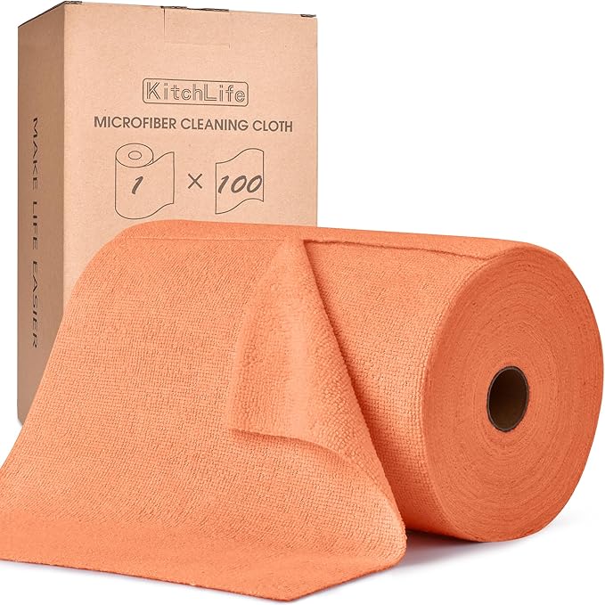 KitchLife Microfiber Cleaning Cloth Roll, 100 Pack - Tear-Away Microfiber Paper Towels, Lint-Free, Reusable, Washable for Kitchen, Car, Dishes, and Sensitive Surfaces (Coral)