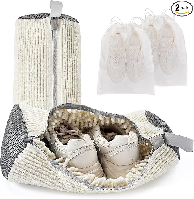 Shoe Washing Machine Bag for Washer & Dryer, Large Shoe Bag for Washing Machine Plush Fibers laundry Bag for Sneakers, Tennis Shoes and Gym shoes, White (2PCS)