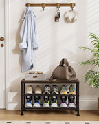 3-Tier Shoe Rack Bench - Entryway Organizer with Shoe Storage, Sturdy Shoe Shelf for Front Door, Small Space Saving Furniture, Brown, 27.2" x 12.0" x 15.9"