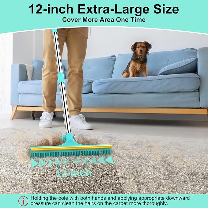 Carpet Rake for Pet Hair Removal - 60" Adjustable Long Handle Carpet Rake, 3 in 1 Reusable Pet Hair Removal Tool Kit, Cat Dog Fur Rakes Scraper Carpet Broom for Carpets, Rugs, Mats