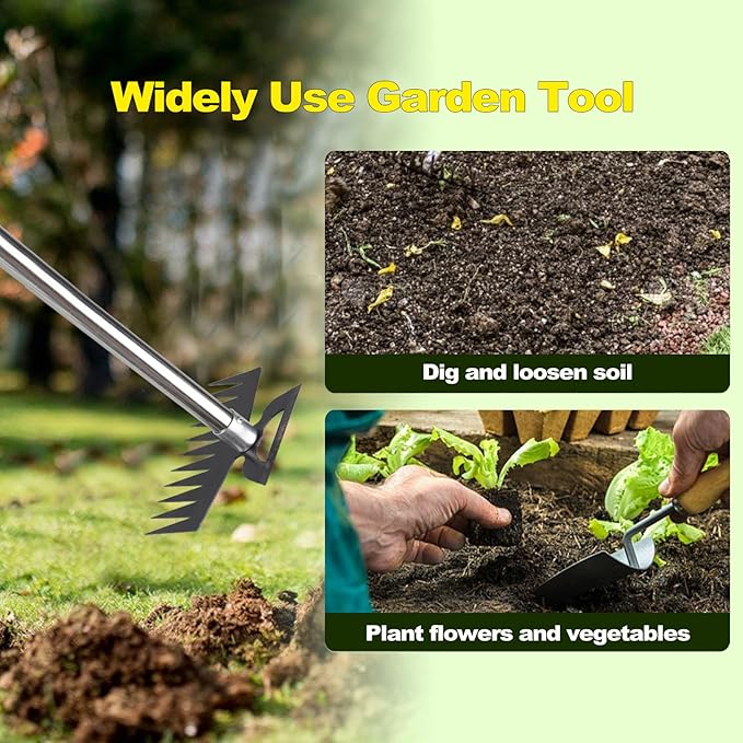 Weed Puller Picker Tool Scuffle Hoe Rake, Hand Tiller Small for Planting, Grass Weeder Dandelion Uprooting Remover, Standing Cultivator for Flower Garden Beds Lawns Yard Weeding and Leveling