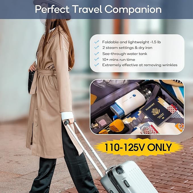 Newbealer Steamer for Clothes, 1200W Travel Steamer with Horizontal & Vertical Steaming, 2 Steam Levels, Dry Ironing, Foldable, 1.5lbs Lightly, 180ml Handheld Fabric Wrinkle Remover (120V Only)