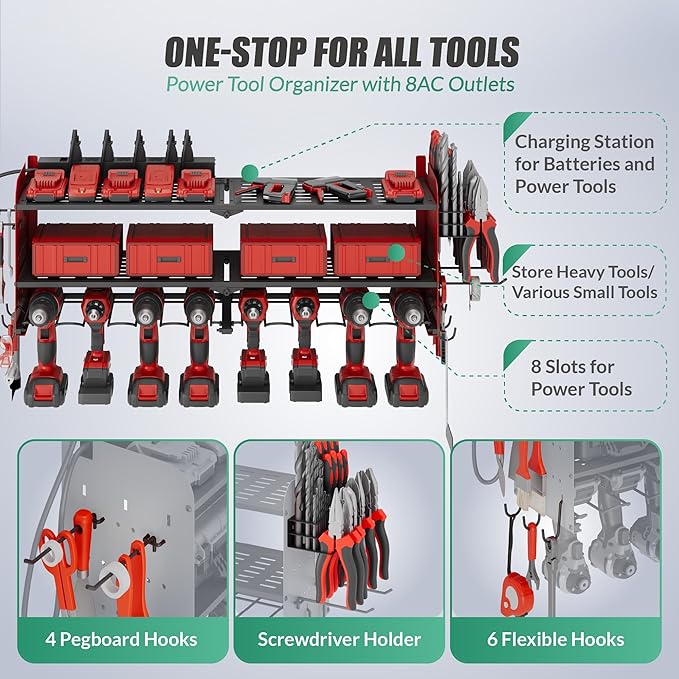 Suchtale Power Tool Organizer Wall Mount with Charging Station,33.2" Garage Storage,8 Drill Holders,3 Layers Heavy Duty Metal Shelf,Built in 8 Outlets Power Strip,Gift for Dad,Men,Red