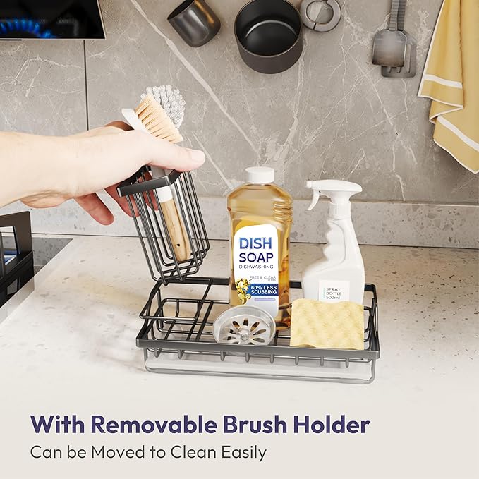 SWTYMIKI Large Sink Caddy Kitchen Sink Organizer with Detachable Brush Holder, Stainless Steel Sponge Holder with Removable Drip Tray Sponge Caddy for Kitchen Countertop, Black