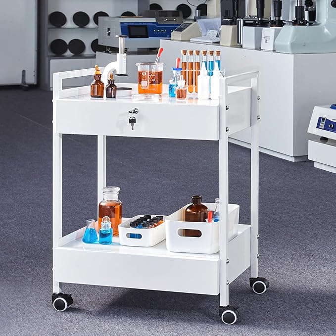 VEVOR Lab Cart, 2 Tiers Stainless Steel Utility Cart, Medical Cart with 2 Drawers, Rolling Lab Cart White Paint, Serving Cart with Swivel Casters for Laboratory, Hospital, Dental, Salon and Beauty
