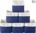 13 x 13 Inch Cube Storage Bins, 6 Pack Fabric Storage Basket with Handles, Foldable Boxes Organizer for Shelf Baskets for Home, Clothes (White/Blue)