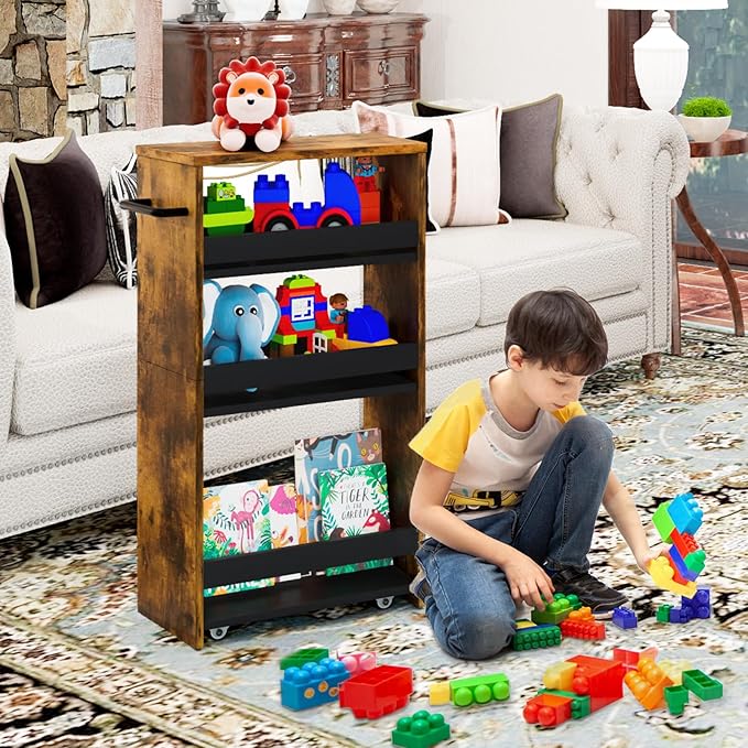 TEAMIX 4 Tier Slim Storage Cart with Handle, Slide Out Storage Rolling Utility Cart Mobile Shelving Unit Organizer Trolley for Small Spaces Kitchen Laundry Narrow Places (Brown+Black, 7-7/8'' W)