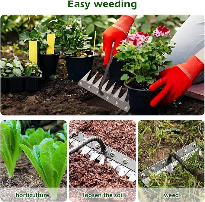 Iron Weeding Rake 2.0, New 5/6/7/8 Teeth Carbon Steel Garden Weeder Rakes, Weeder Puller Tool for Yard Lawn and Garden, Heavy Duty Metal Rake for Lawn, Flower Beds & Soil Aeration (7 Teeth)