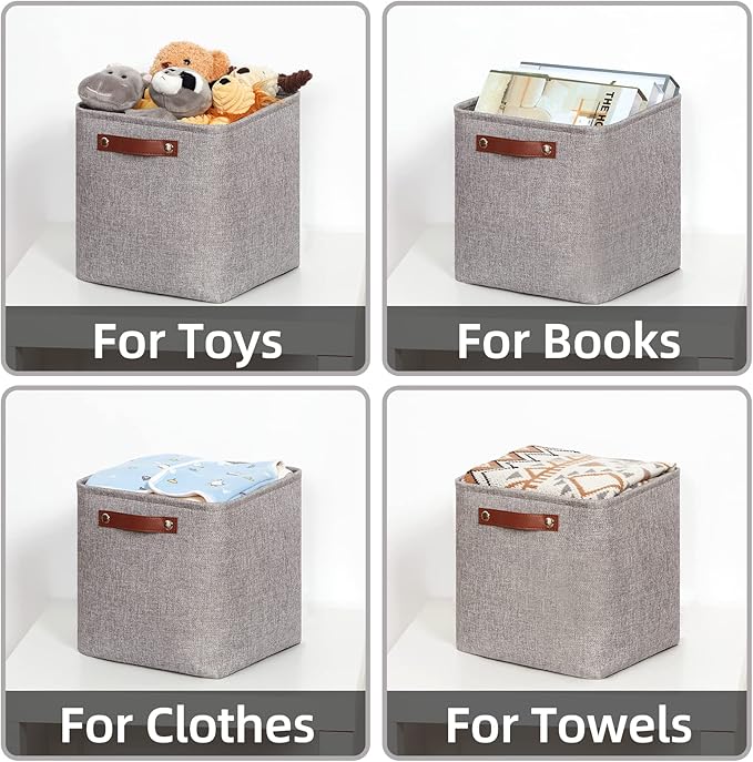 HNZIGE Collapsible Storage Basket,(4Pack) Cube Storage Baskets for Organizing Shelves,Fabric Baskets for Storage,11x11 Storage Basket for Dog Toys,Closet,Book,Clothes Storage with Handles(Grey)