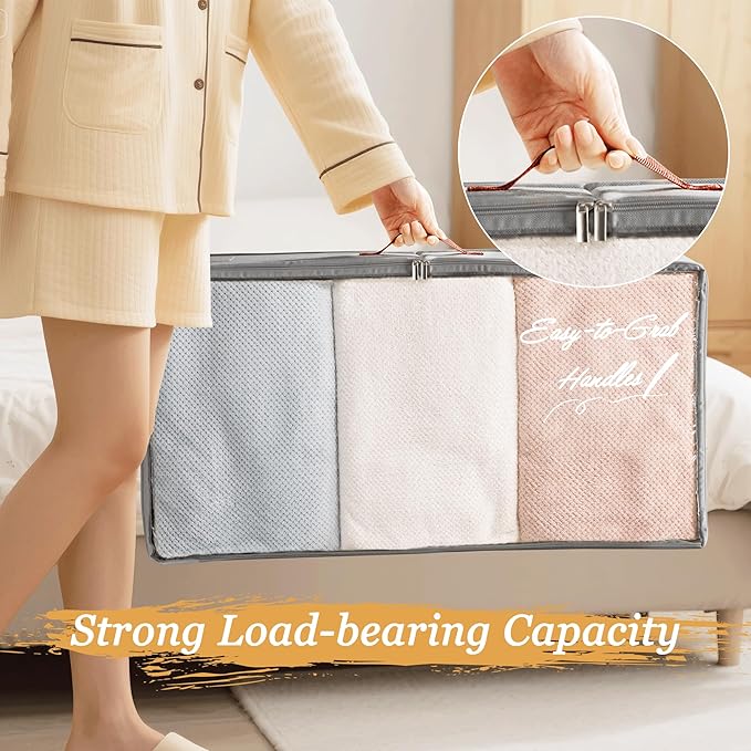 Criusia Under Bed Storage Bins with Clear PVC Lids – 2 Pack Large Underbed Organizers with Heavy-Duty Handles, Reinforced with 800G PP Panels & 80G Non-Woven Fabric – Waterproof & Foldable, Gery