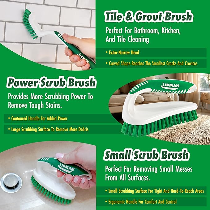Libman Scrub Brush Kit – Three Different Durable Brushes for Grout, Tile, Bathroom, Kitchen. Easy to Handle, Strong Fibers for Tough Messes – Family Made in the USA, Unisex Lot 2406
