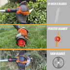 Electric Weed Wacker Cordless Battery Powered, Weed Cordless Eater with 2X 21V/4.0Ah Battery Operated & Wheels 3 Types Blades, 3 in 1 Stringless Grass Trimmer/Edger/Brush Cutter for Garden Yard Lawn