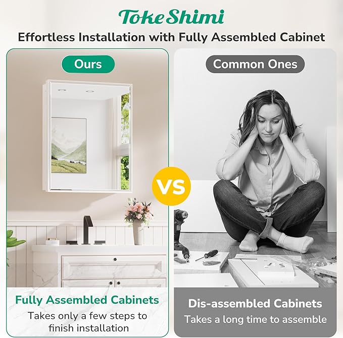 TokeShimi 16 x 24 Recessed Medicine Cabinet with Mirror Surface Mounted, Aluminum White Medicine Cabinet with Mirror, Metal Beveled Bathroom Mirror with Storage