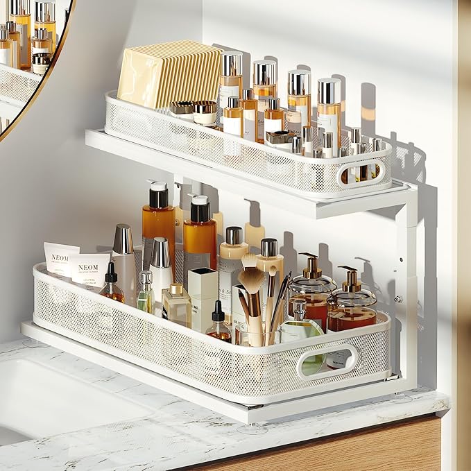 2-Pack 21.3 IN Depth Under Sink Organizer With Next-Gen Ball-Bearing Slides,Sophisticated Mesh 2-Tier Pull Out Shelf for Kitchen & Bathroom,Fits Small Items-Gun Gray