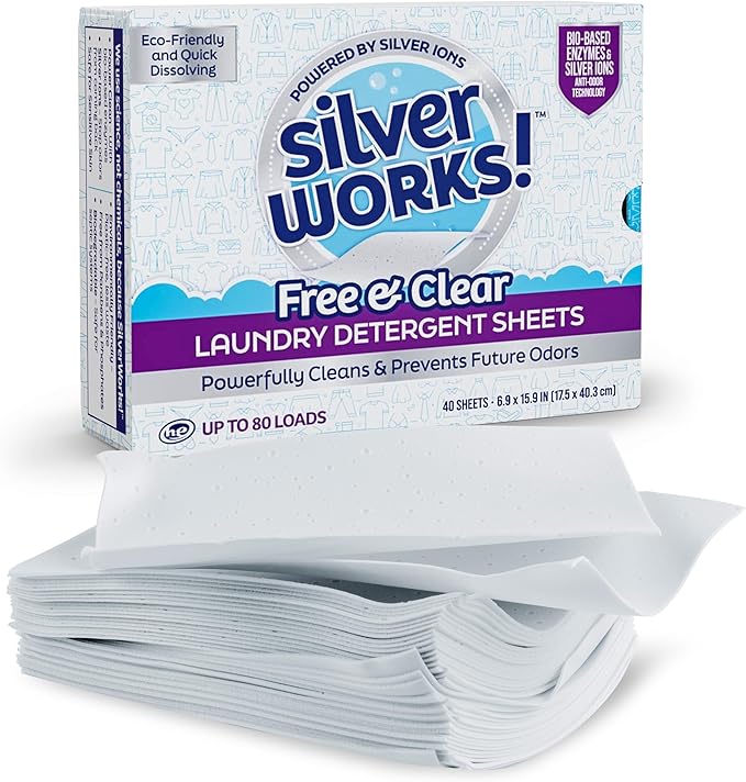 Premium Dissolvable Laundry Detergent Sheets, Silver Ion Odor Elimination Technology, Powerfully Clean & Prevent Odors, Dissolves Fully, 40 Sheets, Free & Clear