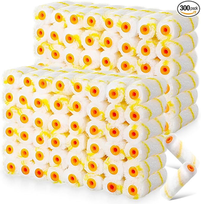 Leumoi 300 Pcs 4 Inch Mini Paint Roller Cover 1/2" Nap Small Microfiber Roller Covers Home Repair Tools House Household Supplies Kit(Yellow, White)