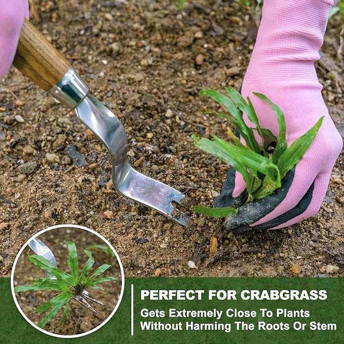 Weed Puller Tool, Hand Weeder with Good Leverage for Easy Pulling Weeds, Heavy Duty Stainless Steel Dandelion Puller Tool, Weed Digger Fork with Comfortable Wood Handle for Removal Dandelion crabgrass