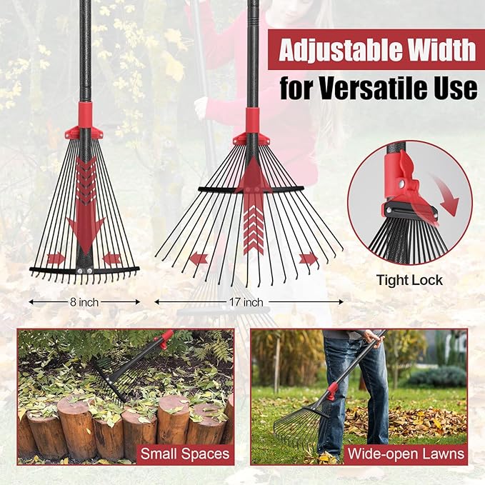 Garden Rake for Leaves: 70 Inch Adjustable Long Handle 18 Metal Tines with 8-17" Expandable Head Heavy Duty Metal Rake for Lawns Leaves Yard Grass Camping Debris