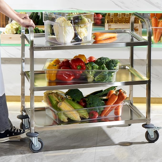 CURTA Stainless Steel Serving Trolley, 34" L x 18" W x 36" H 3 Tiered Shelf Kitchen Utility Cart, Rolling Casters Brake Wheel, Commercial Pro for Restaurant/Hotel/Lab/Clinic/Salon/Workshop