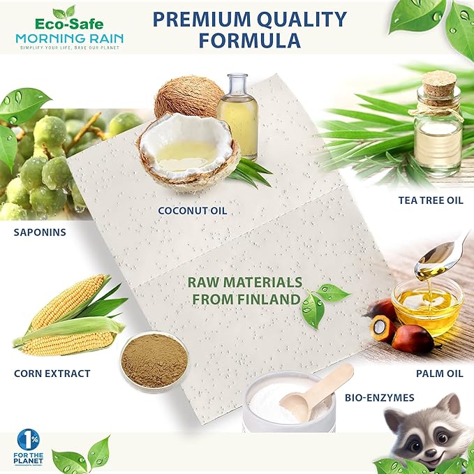 MorningRain Eco Laundry Detergent Sheets - Ingredients from Finland, Unscented, Bio-Enzyme Formula, Power Clean, 5 Sheets (Up to 10 Loads) - Non-Toxic, Preservative-Free, Skin Safe, Designed in USA