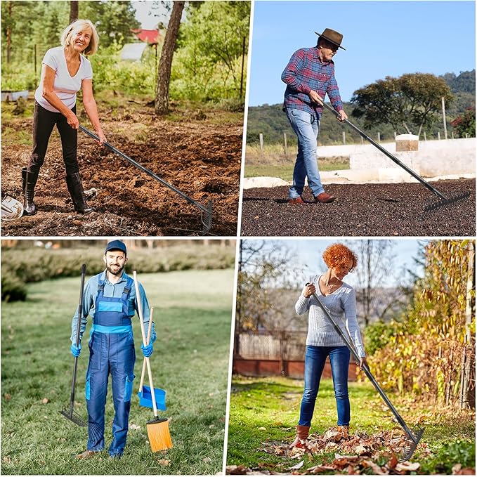 48'' Heavy Duty Garden Rake with Stainless Steel Handle, Metal Head for Loosening Soil, Gathering Leaves, Leveling Lawns