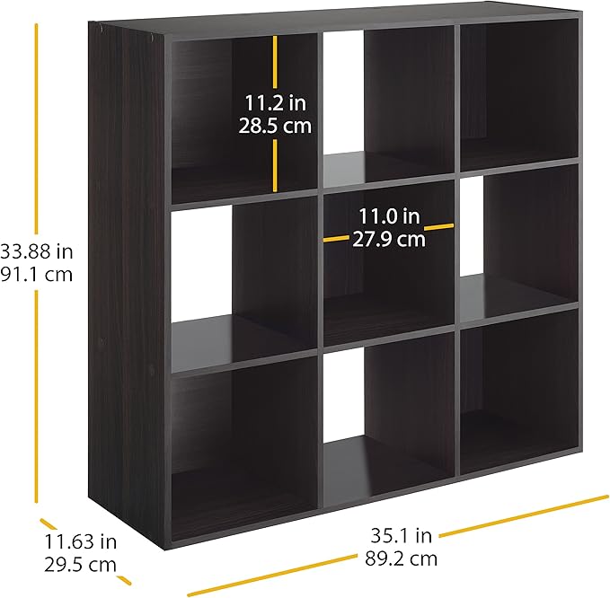 Whitmor 9 Cube Storage Organizer, 3 Tier Stackable Mdf Wood Bookcase, Open Storage Display Bookshelf, Storage Cabinet for Living Room, Bedroom, Home, Office, 35.5"L x 11.7"W x 35.5"H, Black