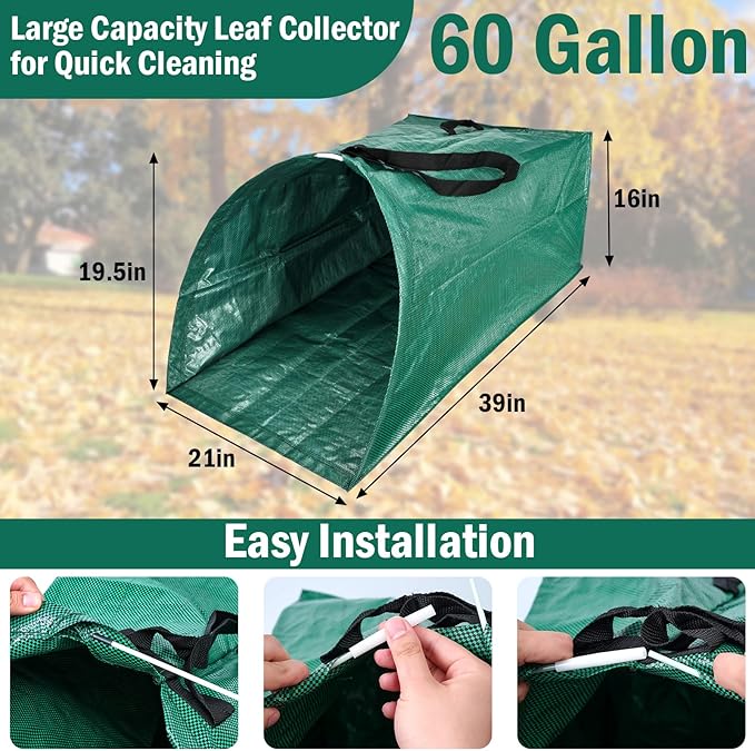 60Gallon Leaf Collector and Adjustable Metal Rake Set,Detachable 18 Tines Leaf Rake with Dustpan-Type Leaf Bag,Leaves Pick up Tool Set,Lawn and Leaf Collector Tool Kit for Lawn Yard Leaves,Shrub,Grass