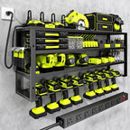 Large Power Tool Organizer Wall Mount with Charging Station, 8 Outlet Power Strip, 4 Layers 8 Drill Holder Heavy Duty Metal Tool Storage Loads 420lbs with Screwdriver Holder, Utility Racks for Garage