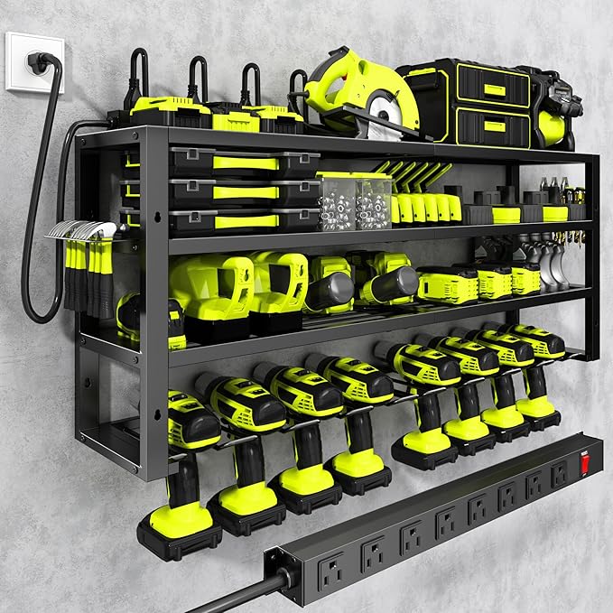 Large Power Tool Organizer Wall Mount with Charging Station, 8 Outlet Power Strip, 4 Layers 8 Drill Holder Heavy Duty Metal Tool Storage Loads 420lbs with Screwdriver Holder, Utility Racks for Garage