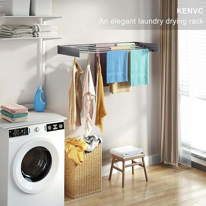 Wall Mounted Drying Rack, 40 "Wide, 16.5 Linear Ft, 5 Aluminum Rods, 60 lb Capacity, Space Saver Laundry Drying Rack Collapsible (Grey 40" Large)