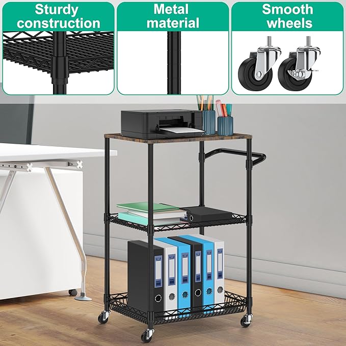 Rolling Kitchen Cart with Wheels, 3 Tier Metal Utility Cart with Wood Tabletop Heavy Duty Wire Rolling Kitchen Island Storage for Pantry Bar Microwave with Handle & Shelf Liners, Black